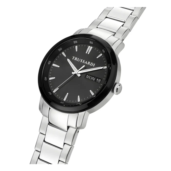 TRUSSARDI R2453147015-2 Silver metal wristwatch with a black dial, Trussardi branding, date display, and sleek polished bracelet.